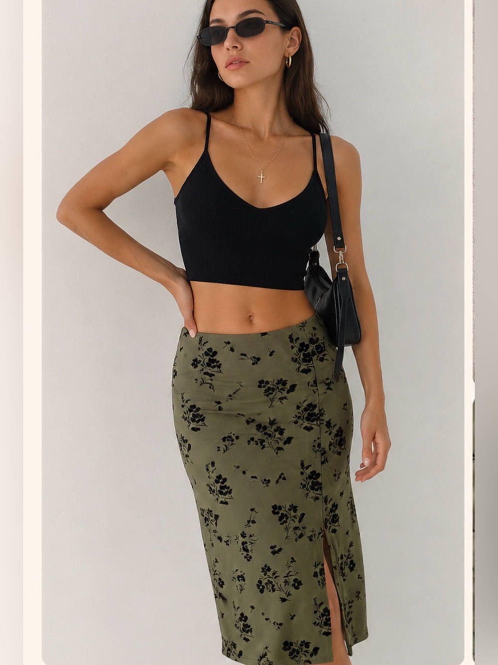 Y2K Olive Green Floral Maxi Skirt-Black Velvet Print Goblin grunge Whimsigoth